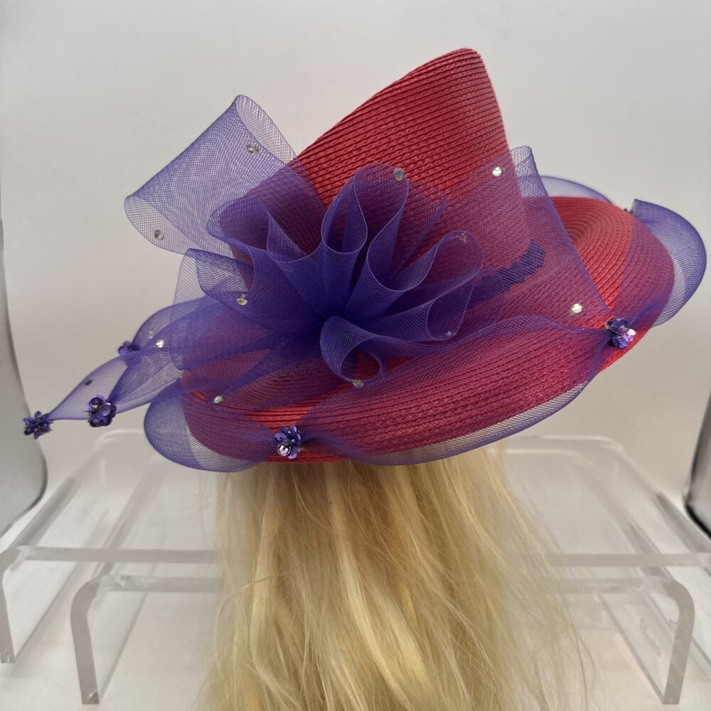 Red Size 22" Head - Hat Cap with Purple Net Ribbon & Sequins - Great Derby Hat